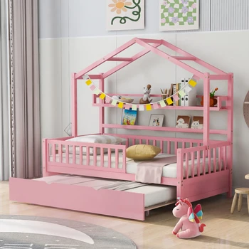 Дървена двойно легло за дома с багажником, Бебешко легло с рафт, за вътрешната мебели за спалня Розов Изображение