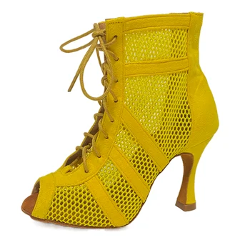 Жълти женски обувки за латино танци, Обувки за танци балната зала на кубински токчета, Ботуши за танци на един стълб, Дамски обувки за танц на високи токчета Изображение