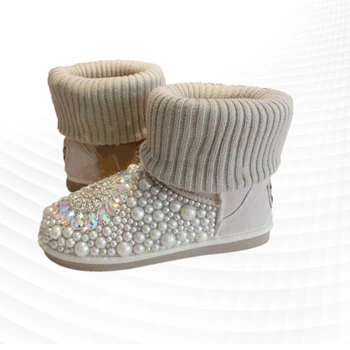 Моден зимни обувки с бисери с неправилна форма, кристали, два вида износване, удебелена топло нескользящая популярна дамски обувки, изработени от памук с кадифе, женски s Изображение