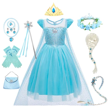Рокля на Елза за момичета, рокля на Принцеса, Карнавальная дрехи, Детски костюми, Cosplay, Бална рокля от синя мрежа с пайети, Рокли за рожден Ден Изображение