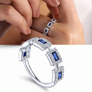 Ново инкрустированное синьо квадратно пръстен с цирконием, европейското и американското модно годежен пръстен, висок клас темпераментна бижута прическа Изображение