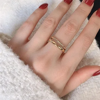 Винтажное прост отворен пръстен, женски двухслойное регулируем пръстен от неръждаема стомана Изображение