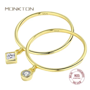 Monkton 100% Стерлинговое сребро Проба 925, злато 18 Карата, Малко кръгло Квадратно пръстен с Цирконием за жени, Автентични бижута като подарък за годишнината Изображение