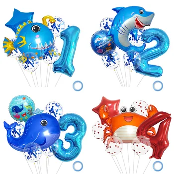 7 бр., Cartoony фенер, Риба, Акула, Кит, Раци, балон, Цифров Набор от балони от фолио, Украса за Парти в чест на рождения Ден, Детски душ Изображение