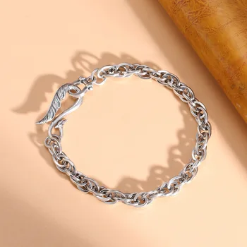 Сребърен пръстен S925, гривна с катарама, мъжки плетени верига в стил хип-хоп, ретро, прости и персонални бижута, втора употреба Изображение