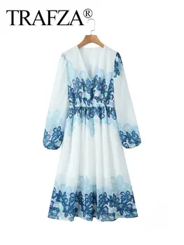 Лятното модно дамско плиссированное рокля midi в ретро стил с V-образно деколте и затворени ръкави Девет четвърти от TRAFZA Изображение
