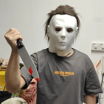 Латексова маска на Майкъл Майърс на Ужасите за Cosplay, каска, празничен костюм, бяла Голямата Класическа маска, подпори за костюми за Хелоуин Изображение