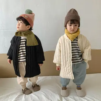 Однотонная утепленная зимни ежедневно яке с памучна подплата за момичета в корейски стил, Нова детска яке, Дълги Връхни дрехи и палта, Детски дрехи Изображение