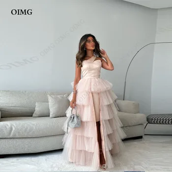 OIMG Светло розови Вечерни рокли с висока Засаждане, Елегантна Многослойно бална рокля от тюл с волани, сшитое по поръчка, Дамско облекло за дейности, Красиви рокли за бала Изображение