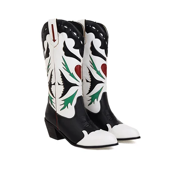 Есента и зимата са 2023, Нова дамски обувки с бродерия На дебелите обувки, Модни каубойски ботуши в западен стил, Дамски обувки в национален стил Изображение