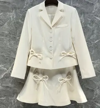 2023 нов модерен брендовый комплект, сако, яке + къса горна дреха с лък, дизайнерски дамски Изображение