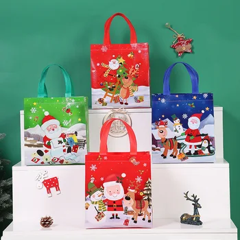 Чанта от сгъсти нетканой плат с принтом хубаво мультяшного Дядо Коледа, Снежен човек ярки цветове, здрава опаковка чанта Изображение