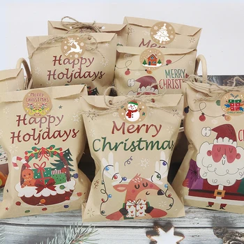 24 Комплект Коледни подаръци торбички от Крафт-хартия, Дядо Коледа, Снежен човек, Коледно парти, торбичка за бонбони, Коледна опаковка за бисквити, опаковка в торбичка Изображение