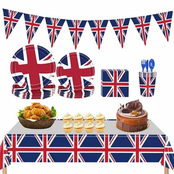 Аксесоари За Партита с Флага на Великобритания, за да проверите за Партита с Флага на Англия 114шт Чинии Юниън Джак Британски Аксесоари за Партита Хартиени Чинии Изображение