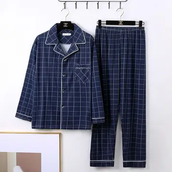 100% висококачествен мъжки пижами от памук с дълъг ръкав, новост 2023 г., мъжки-големи размери, които могат да се носят извън дома. Изображение
