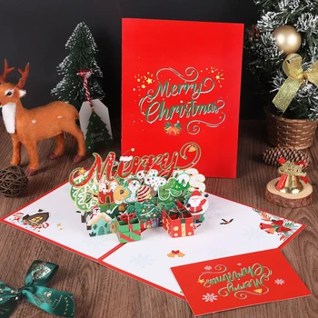 Весела Коледа 3D Изскачащи Поздравителни Картички с Плик Приятел, Семейство, Благословляющая Картичка за Рожден Ден, Нова Година, коледа, Коледни Подаръци, пощенска Картичка Изображение