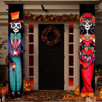 Мексиканския ден на мъртвите Флаг на Верандата Декоративен подпори за Хелоуин На открито Подвесная знак На верандата добре дошли знаци на Хелоуин Врата завеса Изображение