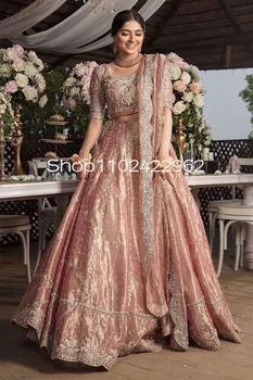 Розови Сарита, Калкута, Индия, Вечерни рокли, с нос-воал, Апликация от мъниста, комплект от две части, рокля за бала Lehenga Изображение