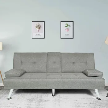 Модерен диван-трансформатор със спално място, Разтегателен диван за хол, Малки мебели слушалки с 2 подстаканниками, метални крачета Изображение
