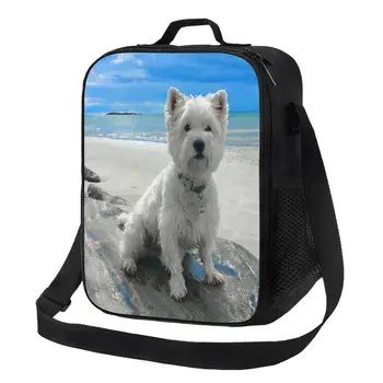 Westie Puppy At The Beach Термоизолированные чанти за обяд с кучето Уест Хайленд Уайт Териер, работа на смени чанта за обяд за училище и офис Изображение