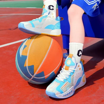 Детски баскетболни обувки за юноши, дишащи Спортни и Ежедневни детски обувки от окото на материала, износоустойчиви гуменки за момчета и момичета Изображение