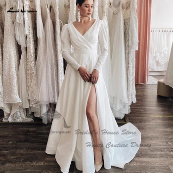 Сватбена рокля Lakshmigown с отворен гръб и Дълъг Ръкав за Жени 2023 Vestito Donna Елегантни Булчински Рокли с Висока Цепка Отстрани Изображение