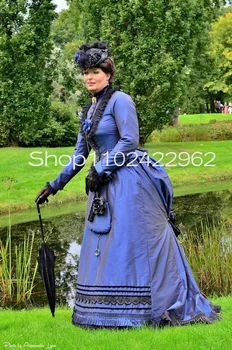 Тъмно синьо викторианска бална рокля за бала Barones Bezoekt С Дълъг ръкав, Дантелен корсет с волани, вечерна рокля за Хелоуин Изображение