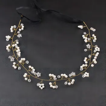Дамски модни лента за коса с перли и кристали, Аксесоари за бяла сватбена рокля, с превръзка на главата, сватбена прическа, подарък Изображение