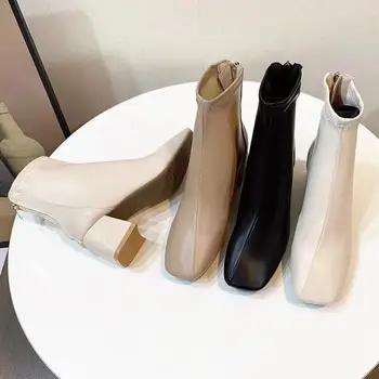 Дамски обувки на дебелите обувки, обувки до глезена, Есенни модни Пикантни къси ботуши-вана с квадратни пръсти Изображение