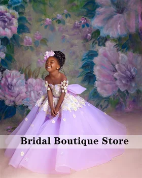Рокля с цветя модел от лавандула за момичета 2023 За сватба, прозрачна мрежа, Апликации, Перли, Бални рокли за Парти в чест на рождения Ден на детето в Африканския стил, Първото причастие Изображение