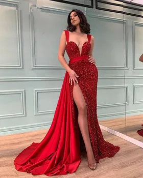 Секси Дълга Вечерна рокля с червени пайети За жени С висока цепка във формата на Сърце, Дубай, Vestidos Gala 2023, Секси Рокли, Рокли за абитуриентски бал Изображение