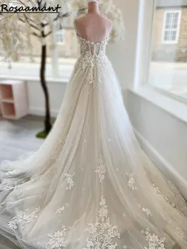 Илюзия за истински образ Сватбени рокли без ръкави с 3D цветя Трапецовидна форма, Красиви Цветни апликации, Дантелени Сватбени рокли в стил Бохо Кънтри Изображение