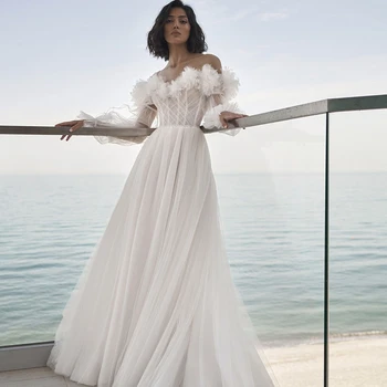 2023, Тюлевое сватбена рокля трапецовидна форма, с лодка деколте, дълъг ръкав, цип отзад, придворен струята, Vestidos De Новия Изображение
