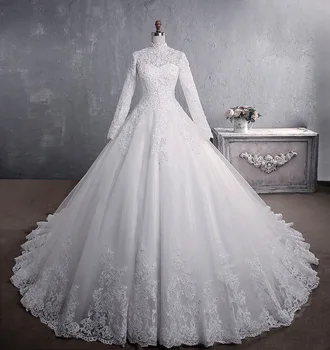 Луксозно мюсюлманската Сватбена рокля с високо воротом 2023, Елегантна Принцеса рокля на Булката с дантелен Бродерия, Сватбена рокля с дълъг ръкав Vestido De Изображение