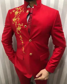 Класически червен Смокинг на Младоженеца, Класически мъжки костюми със златни аппликацией, Сако + Панталон, бизнес облекло, Официални костюми за сватбени партита Изображение