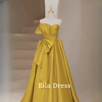 Ella Yellow Прекрасна вечерна рокля без презрамки с лък във френски стил, Страхотна рокля за бала Трапецовидна форма, Дамски поли, Вечерни рокли, Бални рокли Изображение