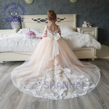 Дантелено рокля с цветя модел цвят шампанско с подвижна влак за момичета на сватбата, за малки шаферки, за рожден ден, за парти, за абитуриентски бал от 1 до 14 години Изображение