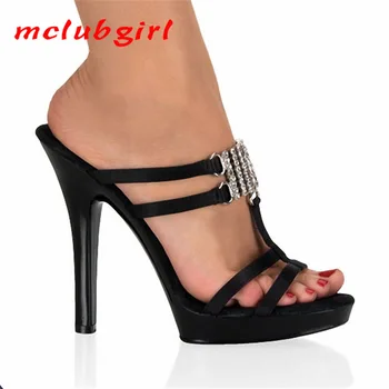 Дамски чехли, Модни Дантелени Стръмни чехли С кристали, Танцови обувки на висок ток, Ток 13 cm платформа 3 cm, YKC Изображение
