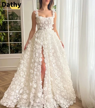 Жена бяла дълга рокля 3D стереоскопичен бял цвят с цветен модел, елегантна сватбена рокля с каишка на гърба, трапециевидное рокля с висока цепка Изображение