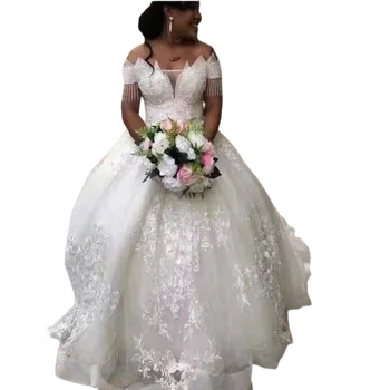 Булчинска рокля с открити рамене, големи размери, Бална рокля с дантелен Аппликацией, Сватбени рокли с Подвижна влак по Поръчка Изображение