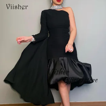 Viisher Черни вечерни рокли на Русалка с гънки на едно рамо, атласное вечерна рокля с дължина до коляното, вечерни рокли от Дубай и Арабия Изображение
