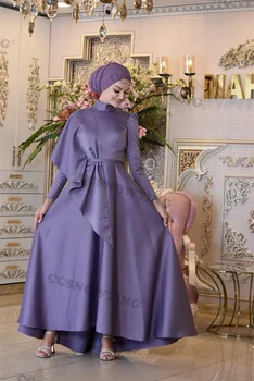 Модерен Сатен Хиджаб, Мюсюлмански Вечерни рокли с Дълъг ръкав и висока Воротом, Ислямското вечерна рокля, Арабски Кафтан от Дубай, Мароко и испания Изображение