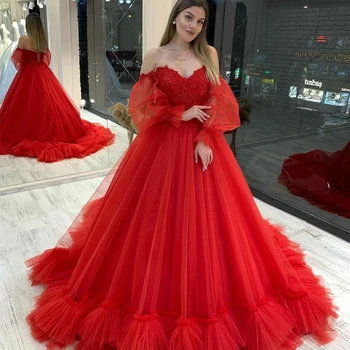 Червена бална рокля, Булчинска рокля с открити рамене, Кривата ръкав, тюл на няколко нива, Лейси апликация, Сватбени рокли Принцеса 2023 Изображение