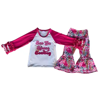 Бутиков комплект за момичета, Розова тениска с дълги ръкави в ковбойском стил в западен стил, Шапки, Ботуши-клеш, накити, Детски дрехи Изображение