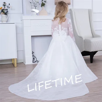Рокли принцеса с цветя модел за момичета, бална рокля за детска сватба, Празнична рокля за Първо причастие, Дантелено рокля с голям нос и дълги ръкави Изображение