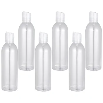 Бутилки за еднократна употреба, контейнери: 6 броя прозрачни бутилки за шампоан за обем 250 мл, бутилка за тоалетни принадлежности с налягане, вещи от първа необходимост за пътуване. Изображение