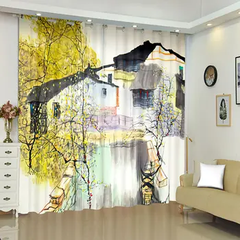 Китайската чернильная Пейзаж Завеса, Зелена борова клонка, полиестерен плат Pongee, Модерна душ завеса за спалня, кухня, домашен интериор, 2 панела Изображение