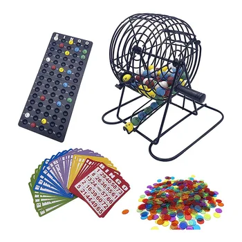 Луксозен набор от игри за бинго с 6-инчов клетка за бинго, дъска за бинго, 75 цветни топки, 50 карти за бинго и 300 чипа за бинго Изображение