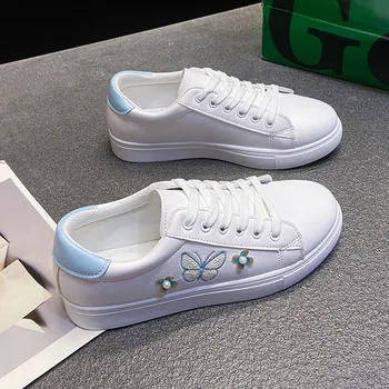 Модни универсални малки бели обувки за жени, Нова Корейска удобна Лека обувки на равна подметка, Висококачествени ежедневни спортни обувки Изображение