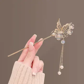 Скъпа реколта пръчка за коса в китайски стил, Перлени игли, Елегантни фиби за коса с цветя-пеперуди, Летни аксесоари, подаръци Изображение